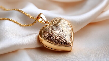 A heart-shaped gold locket pendant resting on soft fabric, featuring intricate engravings and a delicate chain, symbolizing love and elegance.