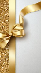 A luxurious gold ribbon and glittery embellishment on a white background, perfect for gifting or celebrations.