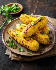 Grilled corn on the cob garnished with fresh herbs, served on a rustic plate, highlighting a delicious summer dish.