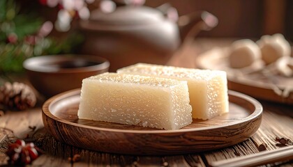 Ultra-realistic close-up food photography of sliced Chinese New Year rice cake (nian gao), soft sticky texture, warm studio lighting, minimal composition, wooden table background, premium festive culi