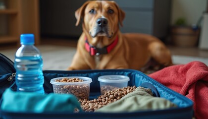 Dog watches pet emergency kit. Open suitcase holds food water towel. Ready animal for unexpected evacuation. Pet owner prepares disaster supplies. Dog health and safety. Evacuation plan focus.