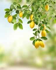 A vibrant branch of lemons with lush green leaves against a soft, blurred background, showcasing freshness and natural beauty.