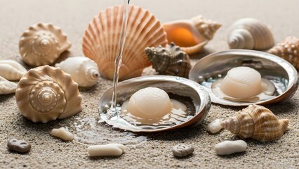 Beautiful collection of seashells and pearls on sandy beach.