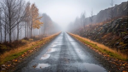 Wet rural road disappearing into dense atmospheric fog and autumn trees