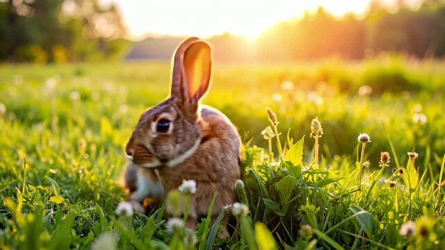 Rabbit in a field of green grass with sunlight in the background.