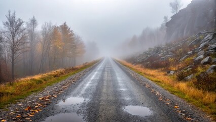 Foggy empty country road stretches toward the distant horizon mysteriously