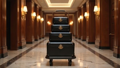 Luxe luggage on cart stands ready in hotel. Leather suitcases stacked symmetrically in luxury resort hallway. Upscale travel experience, service. Elegant baggage arrangement with marble floor, wooden