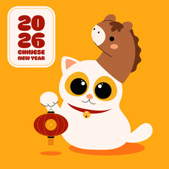 Happy Chinese new year 2026 celebration event. Cute cat character wearing a horse hat holding a red lantern