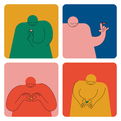 Set of abstract characters making heart hand gesture and love sign modern vintage retro style