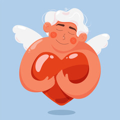 Cupid character hugging a big red heart, self love concept. Design element for Valentine's day