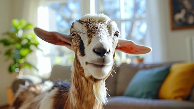 Goat in a cozy living room, looking at the camera with curiosity.