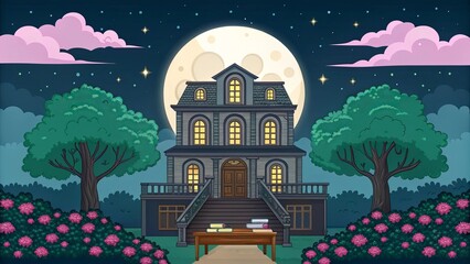 Spooky cartoon mansion stands tall against huge glowing full moon night