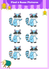 Funny cartoon animals. Find two same pictures. Educational game for children. Cartoon vector illustration