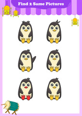 Obraz premium Funny cartoon animals. Find two same pictures. Educational game for children. Cartoon vector illustration