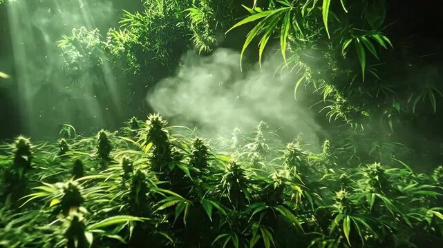 Dense Green Plant Vegetation With Sunlight Smoke And Backlighting