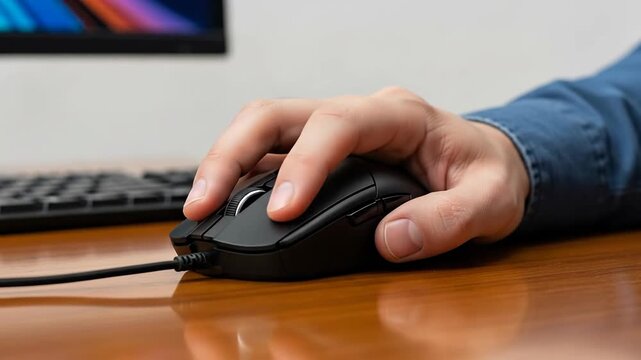 Close-up of a hand using a computer mouse on a wooden desk.