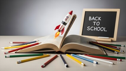 Open book with a rocket launching from its pages, surrounded by colorful pencils and a Back to School chalkboard, symbolizing education and imagination.