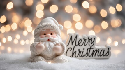 A charming Santa figurine sits in snow, surrounded by soft, glowing bokeh lights, conveying a festive Christmas spirit.