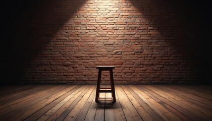 Empty stage with one wood stool illuminated by spotlight beam. Brick wall background in darkness. Place for performance, stand up comedy show. Dark interior club ready for artists.