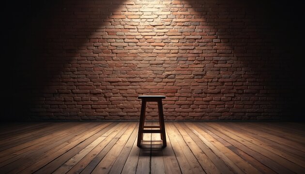 Empty stage with one wood stool illuminated by spotlight beam. Brick wall background in darkness. Place for performance, stand up comedy show. Dark interior club ready for artists.