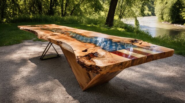A unique wooden table with a river design and an American flag motif, set in a natural outdoor environment near a riverbank.