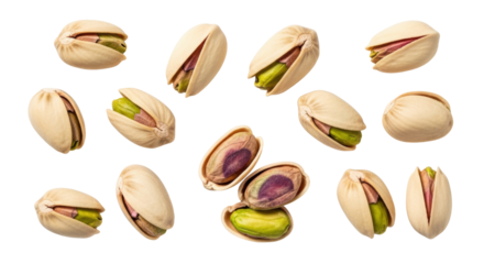 Natural pistachios, some shelled revealing vibrant green, others in beige shells, floating on a pristine high-key white background with copy space, concept of healthy lifestyle