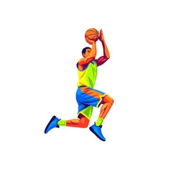 Obraz premium Dynamic Basketball Player Shooting Ball Mid-Air, Action Sports Illustration