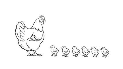 Fototapeta premium Mother Hen and Chicks Line Drawing - Black and White Farm Animal Family