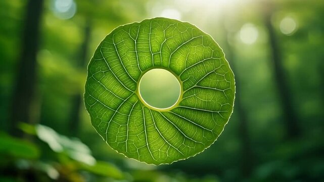 A vibrant green leaf with a circular hole, showcasing natural light, in a forest