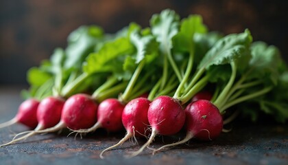 Group of fresh red radishes with green leaves on dark textured surface. Healthy root vegetables ready for cooking or salad. Organic produce shown up close.