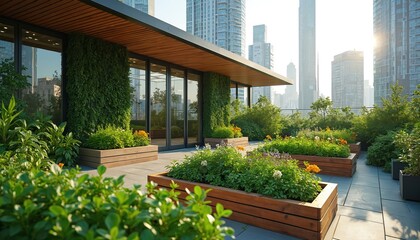 Obraz premium Modern rooftop garden in city. Urban farming installation with vegetation. Plants grow in pots on skyscraper building terrace with green wall panel. Concept of eco friendly city, sustainable