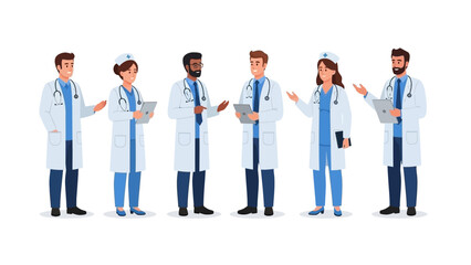 Flat vector illustration of a medical team consisting of six healthcare professionals in various styles.