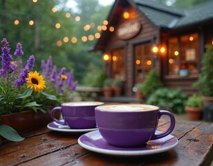 Two purple coffee cups with latte art on wooden table at outdoor cafe. Yellow sunflower and purple flowers in pot at the foreground. Cafe building blurred.