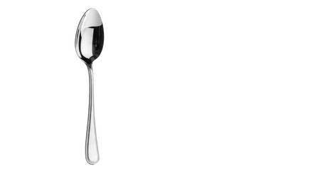 Highly detailed polished silver metallic spoon with an elongated bowl and beaded handle, upright on a transparent studio backdrop with soft lighting, minimalist product photography concept