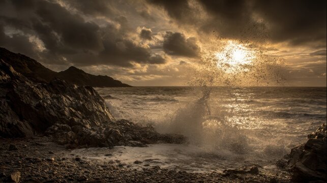 Dramatic Coastal Cliffs Bathed in Stormy Sunset Light with Crashing Ocean Waves - Powered by Adobe