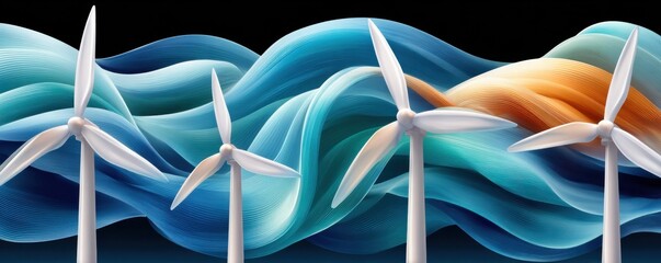 Abstract digital artwork of wind turbines with flowing blue-green waves and sunset horizon