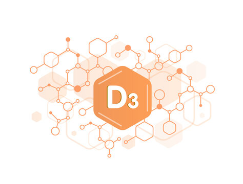 Vitamin D3 supplement benefits highlighting immune support, bone strength and nutrient absorption with D3 crystalline lattice and molecule structure in clean health science style vector illustration