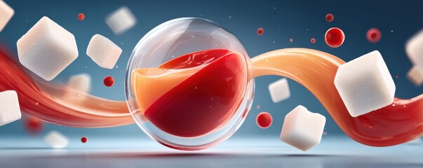 Glowing red liquid inside an abstract glass sphere with floating sugar cubes and flowing ribbons