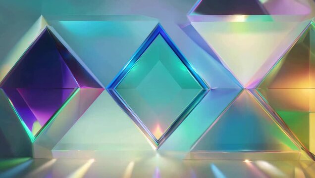 Close-up of iridescent glass diamonds arranged in a repeating pattern, reflecting light and creating a colorful display.