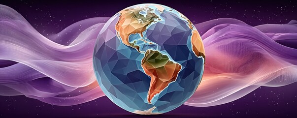 Geometric globe of Earth with glowing facets and flowing ribbons in space