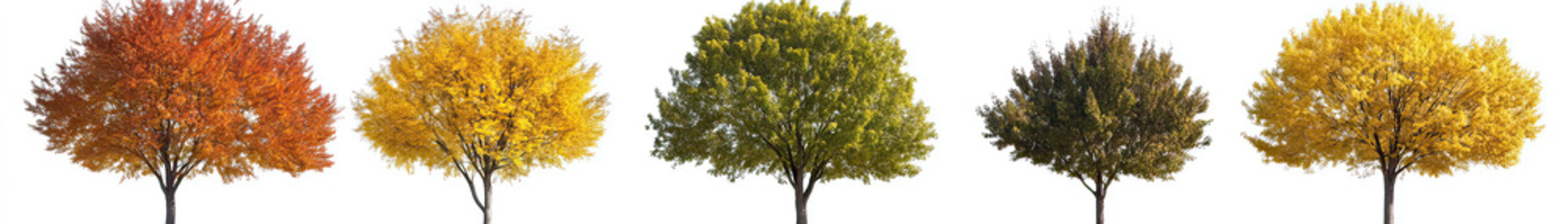 Six Chinese Tallow Trees with Fall Colors and Textured Bright Canopies on Transparent Background