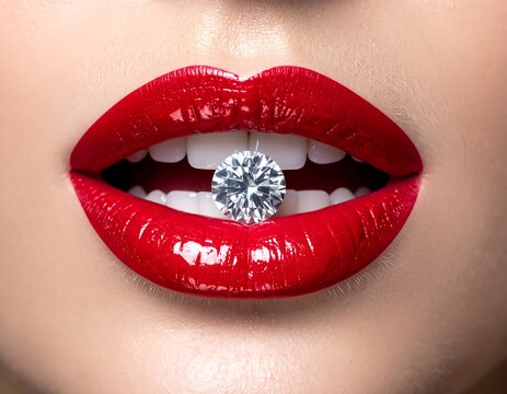 Close-up of glossy red lips holding a sparkling diamond