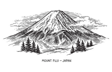 Mount Fuji volcano mountain landscape in Japan illustrated in a vintage black and white engraving style. © trianatio