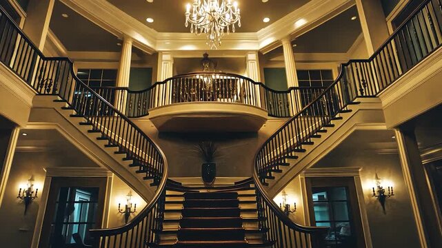Grand, double staircase in opulent mansion