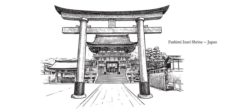 Fushimi Inari Taisha shrine torii gates in Kyoto illustrated in a vintage black and white engraving style.