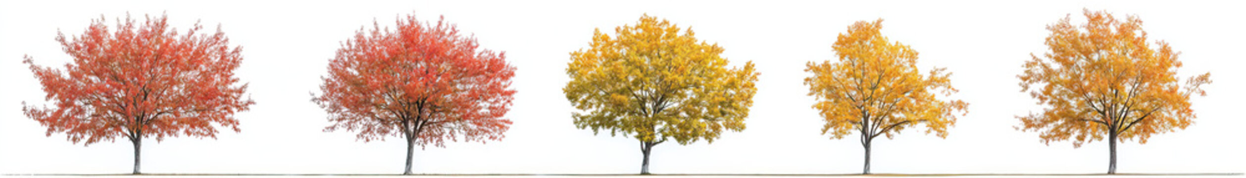 Six Chinese Tallow Trees with Fall Colors and Textured Bright Canopies on Transparent Background