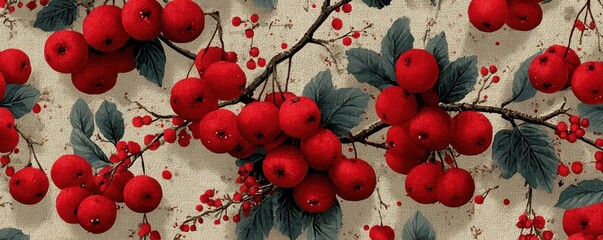 Bright red berry clusters on twigs with green leaves against a natural beige fabric background