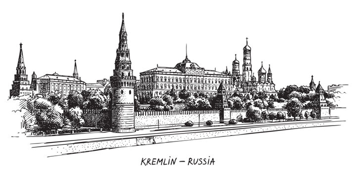 Moscow Kremlin fortress and embankment view illustrated in a vintage black and white engraving style