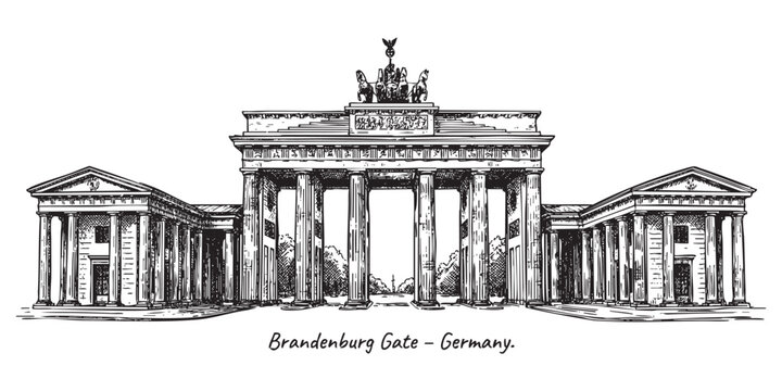 Brandenburg Gate neoclassical monument in Berlin illustrated in a vintage black and white engraving style.