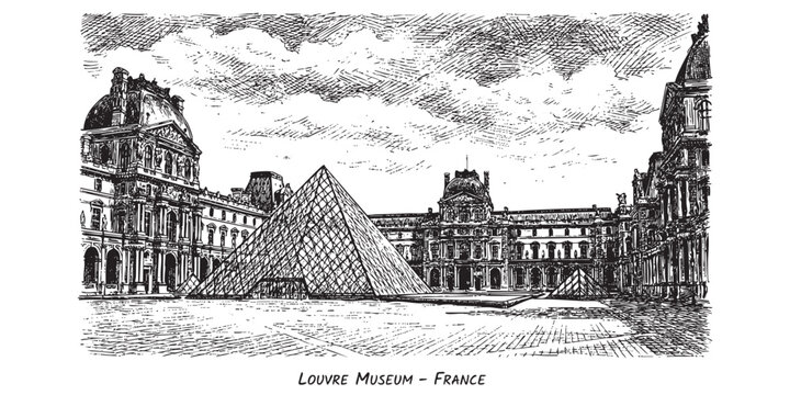 Louvre Museum palace and glass pyramid in Paris illustrated in a vintage black and white engraving style.